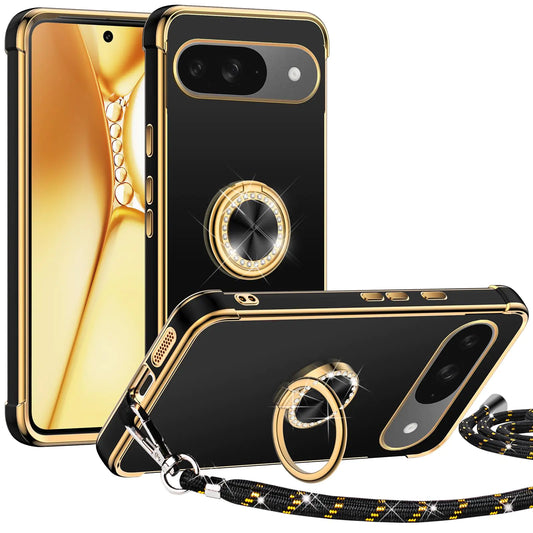 Miss Arts for Google Pixel 9 Case Pixel 9 Phone Case with Ring Stand Women Girls Bling Luxury Electroplated Cute Case with Lanyard Strap for Google Pixel 9 Case Black