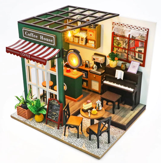 Miniature House Kit Coffee Shop DIY Miniature Dollhouse Kits for Adults Mayberry Street Miniatures Wooden Arts and Crafts for Adults Hobbies Mini Model Kits with LED Craft Kits for Adults
