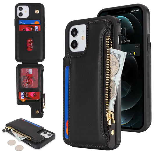 iPhone 12 Case with Card Holder for iPhone 12 Wallet Case for Women MenPhone Case for iPhone 12 Pro Case with WalletLeather Magnetic Clasp Zipper Pocket Cover-Black