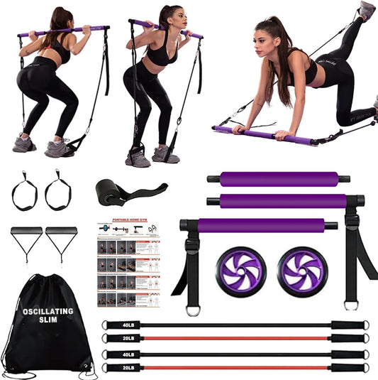 Ultimate Pilates bar kit.Multiple Fitness bar with Resistance Bands Ab Rollers. Core Strength Training Equipment. Squat Machine for Men and Women. Portable Home Gym