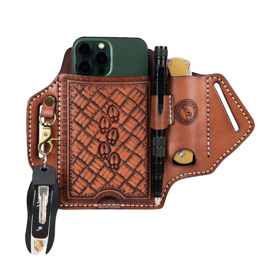 Tourbon Leather Cell Phone Holster with Belt Loop Case Tool EDC Folding Knives Sheath Pencil Slot Holder Key Clip for Men