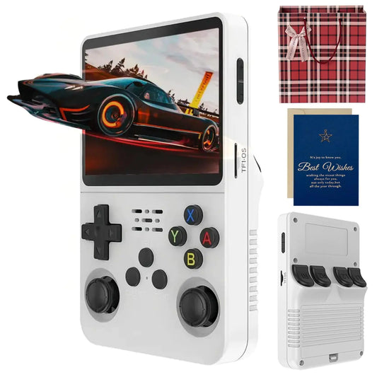 R36s Handheld Game Console 3.5 Inch IPS Screen Retro Handheld Game Console with 128g TF 3000mah Battery Built-in 12000+ Classic Games for Adults (White 64G)