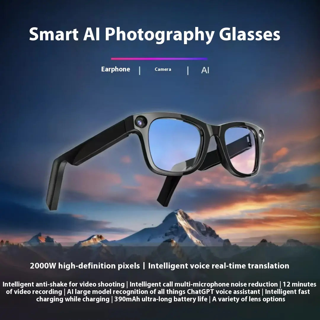 Smart AI Photography Glasses with a mountainous landscape background